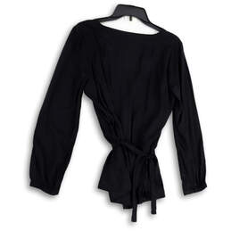 Womens Black V-Neck Long Sleeve Tie Waist Pullover Blouse Top Size 4 alternative image