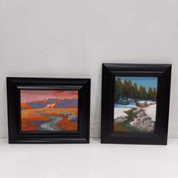 Bundle of 2 Framed 7 Signed Landscape Oil Paintings on Canvas