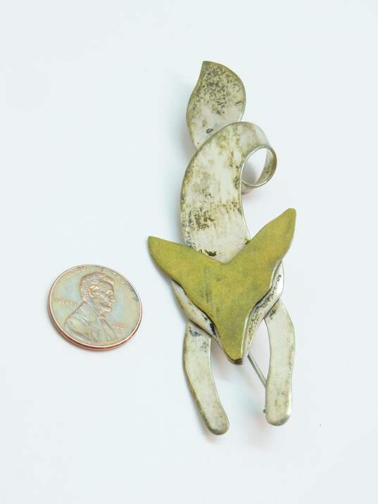 Taxco Mexico 925 & Brass Modernist Fox Animal Pendant Brooch image number 6