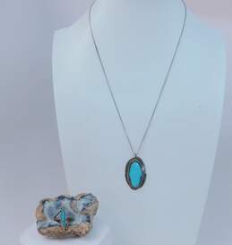 Southwestern Style 925 Sterling Silver Faux Turquoise Pendant On Box Chain Necklace & Ring 11.3g