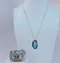 Southwestern Style 925 Sterling Silver Faux Turquoise Pendant On Box Chain Necklace & Ring 11.3g image number 1