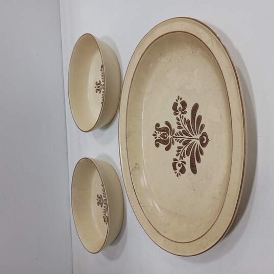 Set of 3 Pfaltzgraff Yellow & Brown Serving Bowls & Platter image number 1