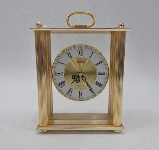Buy the Vintage Seiko Japan Quartz Desk Clock Gold Tone Columns Untested |  GoodwillFinds