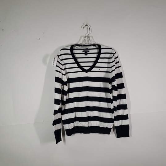 Womens Striped Knitted V-Neck Long Sleeve Pullover Sweater Size XL image number 1