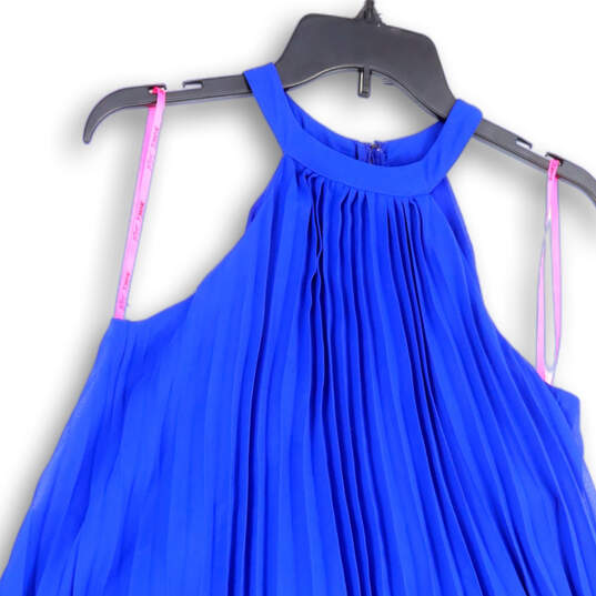 Womens Blue Sleeveless Halter Neck Pleated Back Zip Shift Dress Size 4 image number 3