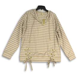 NWT Michael Kors Womens Beige White Striped Long Sleeve Pullover Hoodie Size L