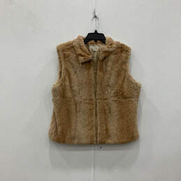 Womens Brown Rabbit Fur Sleeveless Collared Full-Zip Classic Vest Size L/XL