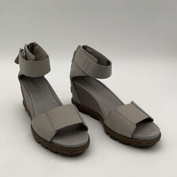 Womens Joanie II Gray Leather Back Zip Wedge Ankle Strap Sandals Size 7.5