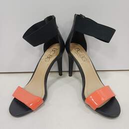 Womens Orange Black Patent Leather Zip Open Toe Stiletto Strappy Heels Size 7.5