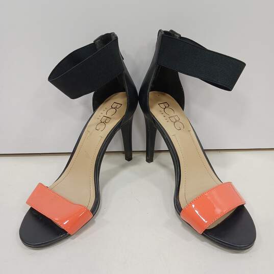 Womens Orange Black Patent Leather Zip Open Toe Stiletto Strappy Heels Size 7.5 image number 1
