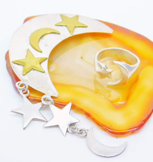 Taxco Sterling Silver & Brass Celestial Moon & Stars Brooch & Chunky Ring 22.0g image number 1