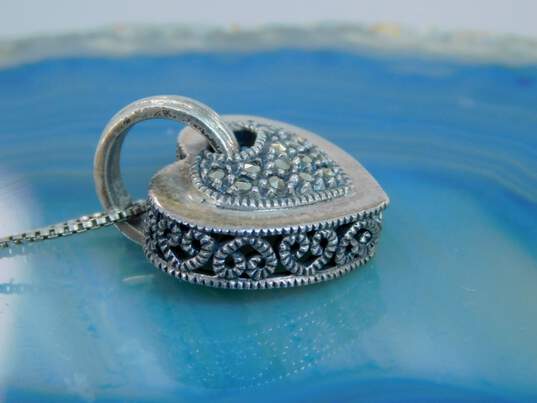 Romantic Judith Jack 925 Sterling Silver Marcasite Demi Hoop Earrings & Heart Pendant Necklace 15.9g image number 3