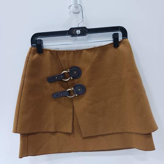 Anthropologie Meadow Rue Camel Double Buckle Mini Skirt Size 6 image number 1
