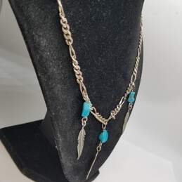 Sterling Silver Turquoise Nugget Figaro Chain Feather 18inch Necklace 21.2g alternative image