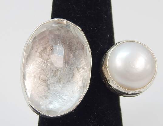 Signed Toosis 925 Faceted Clear Quartz & White Pearl Unique Statement Ring 9.9g image number 2