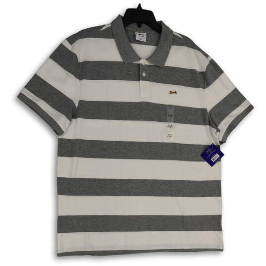 NWT Mens Gray White Striped Spread Collar Short Sleeve Polo Shirt Size XXL image number 1