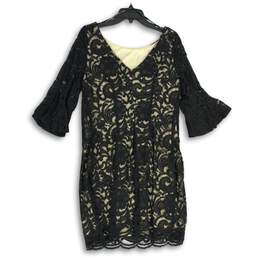 NWT Womens Black Lace Round Neck Bell Sleeve Back Zip Shift Dress Size 12 alternative image