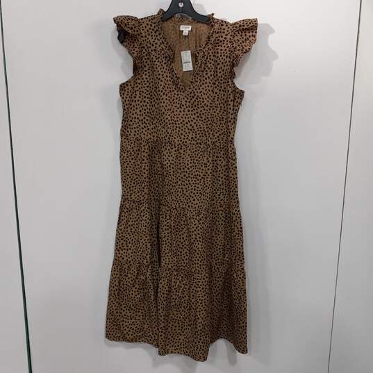 J. Crew Ruffled Tiered Leopard Dot Brown And Black Sleeveless Dress Size M NWT image number 1