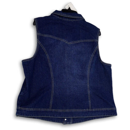 NWT Womens Blue Denim Sequin Pockets Collared Button Front Vest Size 1X image number 2