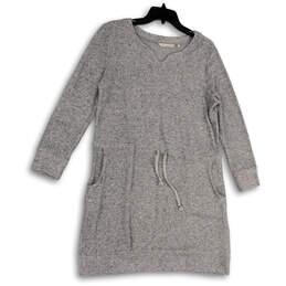 Womens Gray Long Sleeve Pockets Drawstring Waist Sweater Dress Size PS