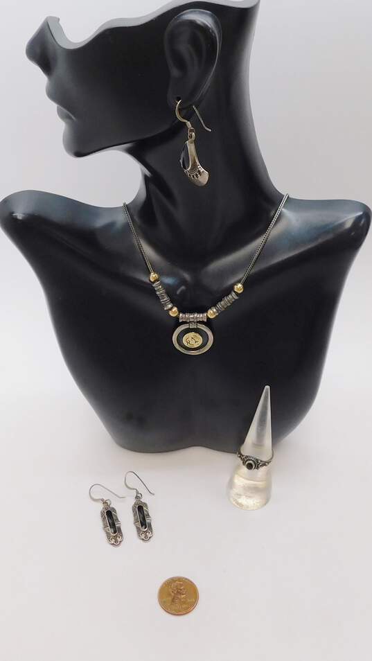 Artisan 925 Geometric Pendant Necklace w/ Textured Onyx Earrings & Ring 25.8g image number 6