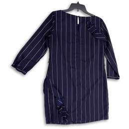Womens Blue White Striped Long Sleeve Round Neck Knee Length Shift Dress SP alternative image