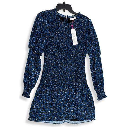 NWT Womens Black Blue Floral Ruffle Neck Back Zip Shift Dress Size M image number 1