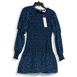 NWT Womens Black Blue Floral Ruffle Neck Back Zip Shift Dress Size M