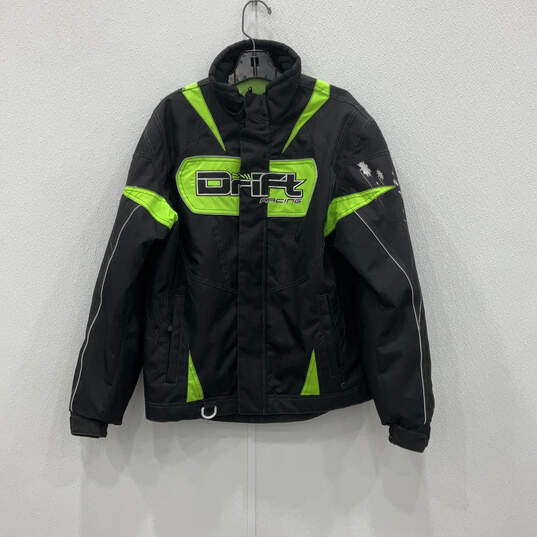 Mens Black Green Long Sleeve Mock Neck Full-Zip Racing Jacket Coat Size M image number 1