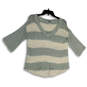 Womens White Green Knitted Striped V-Neck 3/4 Sleeve Pullover Sweater Sz XS image number 3