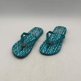 Tory Burch Womens Blue Monogram Flat Slip On Flip Flop Sandals
