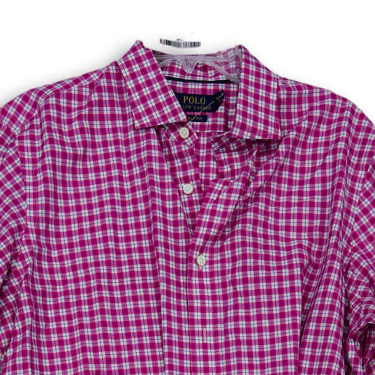 Mens Pink White Plaid Long Sleeve Spread Collar Button-Up Shirt Size Large image number 3