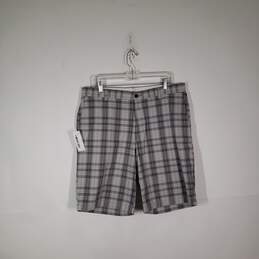 Mens Cotton Plaid Pockets Regular Fit Flat Front Chino Shorts Size 36