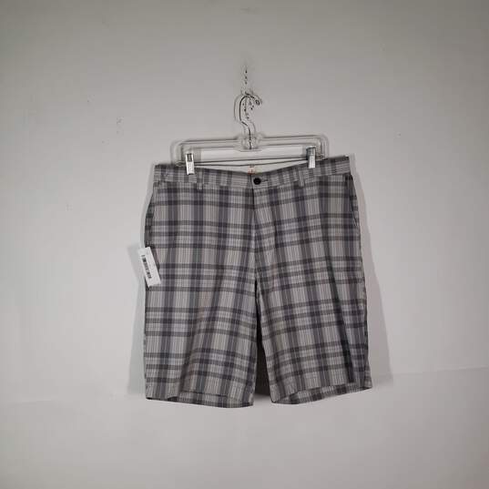Mens Cotton Plaid Pockets Regular Fit Flat Front Chino Shorts Size 36 image number 1