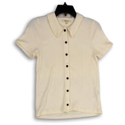 Womens White Ribbed Short Sleeve Spread Collar Button-Up Shirt Size Small