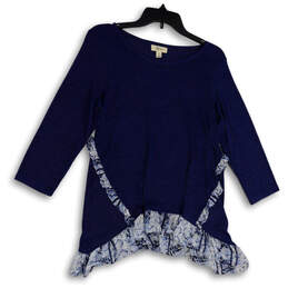 Womens Blue Heather Long Sleeve Crew Neck Ruffle Pullover Blouse Top Size M