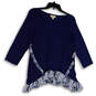 Womens Blue Heather Long Sleeve Crew Neck Ruffle Pullover Blouse Top Size M image number 1