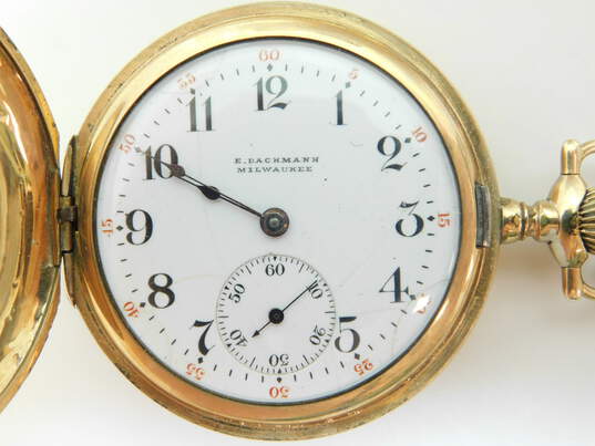 Antique Gold Filled E Bachmann Milwaukee 15 Jewels Etched Hunting Case Pocket Watch 70.9g image number 3