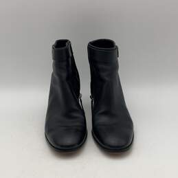 Womens Black Leather Almond Toe Side Zip Block Heel Ankle Boots Size 9.5