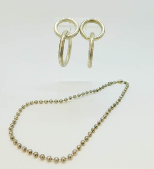 Artisan 925 Ball Bead Necklace & Interlocking Hoop Earrings 42.5g image number 1