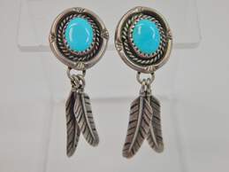 Southwestern 925 Turquoise & Feather Post Back Earrings 9g