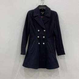 Womens Blue Long Sleeve Notch Lapel Double-Breasted Pea Coat Size X-Small
