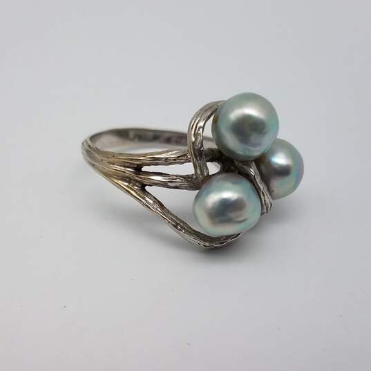 Textured 14k White Gold Triple Fw Pearl Sz 7 1/2 Ring 6.3g image number 1