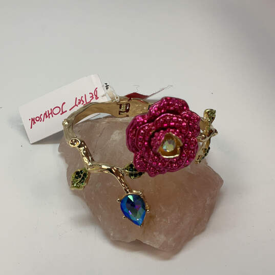 NWT Designer Betsey Johnson Gold-Tone Pink Rose Crystal Hinge Cuff Bracelet image number 1