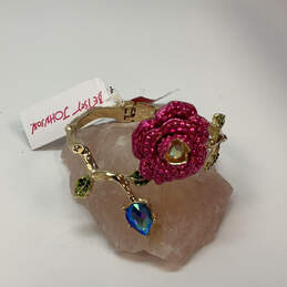 NWT Designer Betsey Johnson Gold-Tone Pink Rose Crystal Hinge Cuff Bracelet