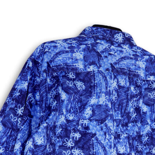Mens Blue White Floral Long Sleeve Spread Collar Button-Up Shirt Size XXL image number 4