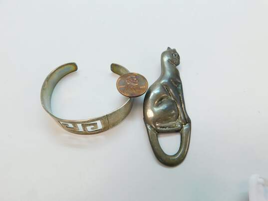 Taxco Mexico 925 Modernist Cat Pendant Brooch & Greek Key Cut Out Cuff Bracelet image number 6