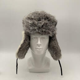 Mens Gray White Fur Lined Tie Fashionable Aviator Trapper Hat One Size