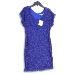 NWT Womens Blue Lace Short Sleeve Round Neck Back Zip Shift Dress Size 12
