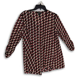 Womens Red Black Geometric V-Neck Long Sleeve Pullover Blouse Top Size L